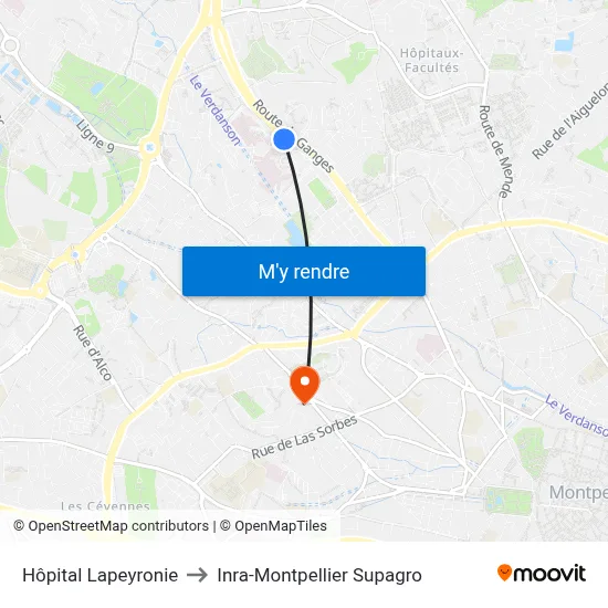 Hôpital Lapeyronie to Inra-Montpellier Supagro map