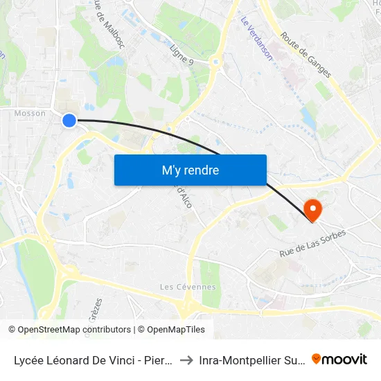 Lycée Léonard De Vinci - Pierresvives to Inra-Montpellier Supagro map