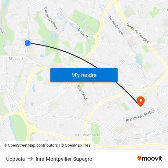 Uppsala to Inra-Montpellier Supagro map