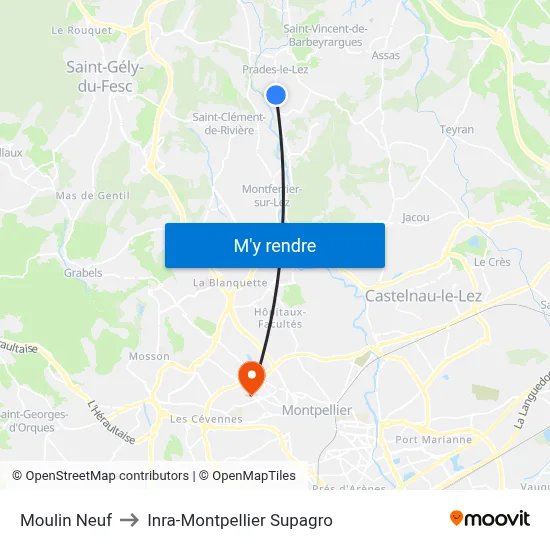 Moulin Neuf to Inra-Montpellier Supagro map