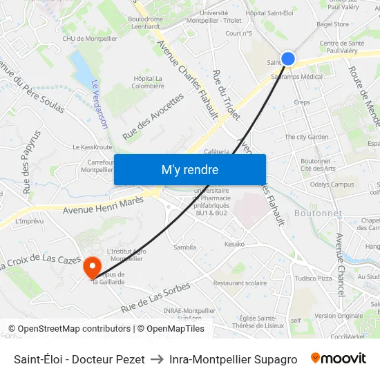 Saint-Éloi - Docteur Pezet to Inra-Montpellier Supagro map