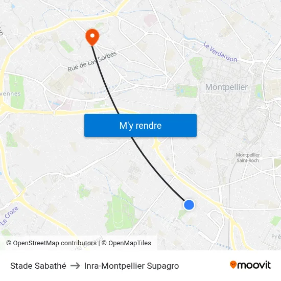 Stade Sabathé to Inra-Montpellier Supagro map