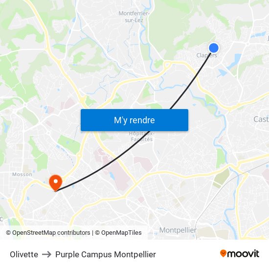 Olivette to Purple Campus Montpellier map