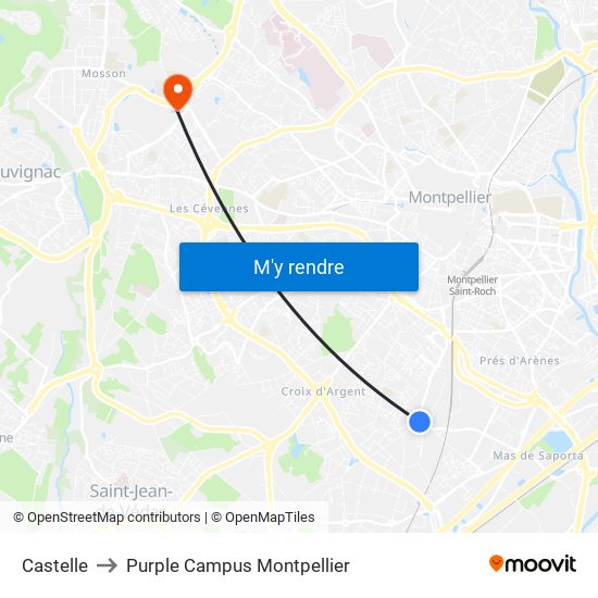 Castelle to Purple Campus Montpellier map