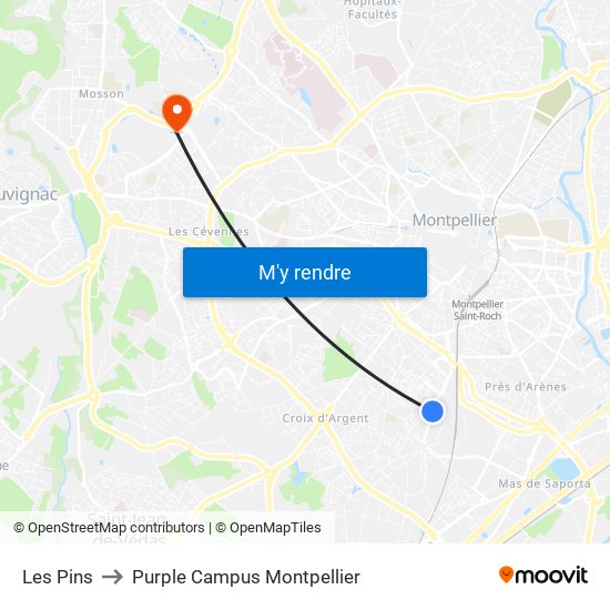 Les Pins to Purple Campus Montpellier map