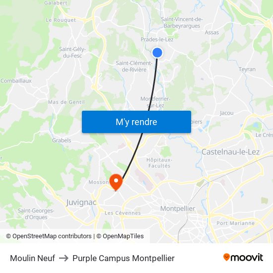 Moulin Neuf to Purple Campus Montpellier map
