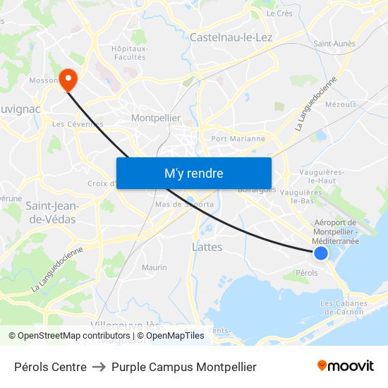 Pérols Centre to Purple Campus Montpellier map