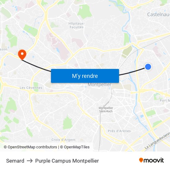 Semard to Purple Campus Montpellier map