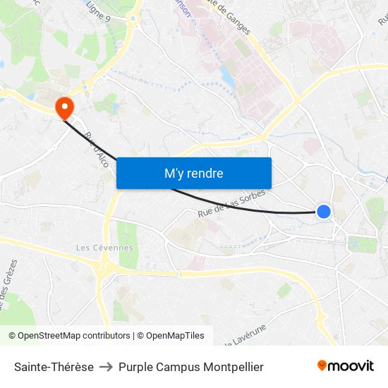 Sainte-Thérèse to Purple Campus Montpellier map