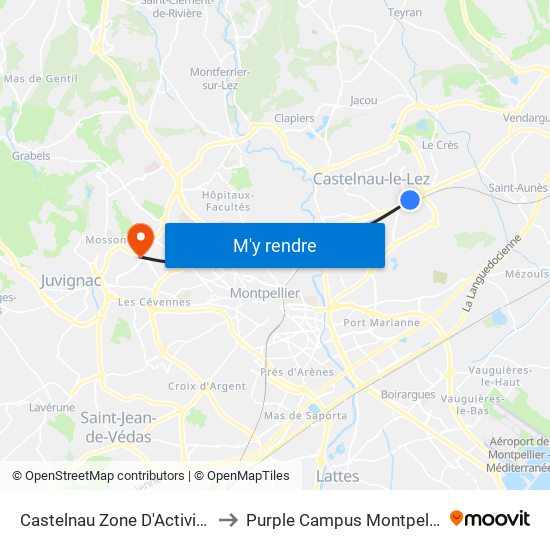 Castelnau Zone D'Activités to Purple Campus Montpellier map