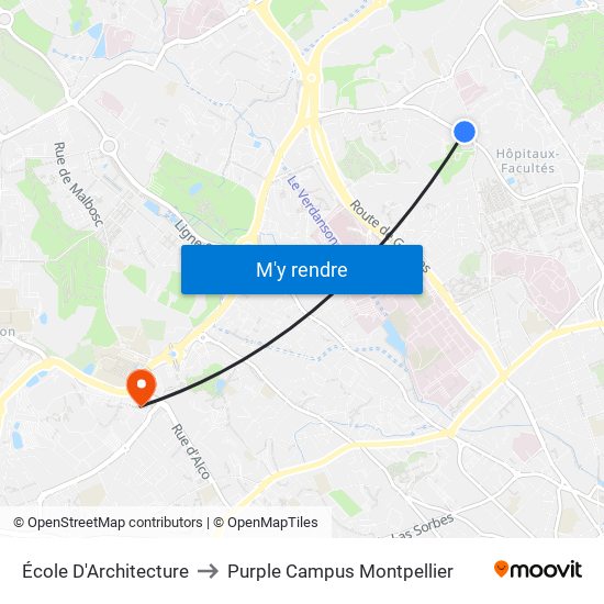 École D'Architecture to Purple Campus Montpellier map
