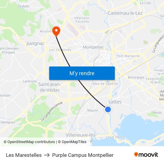 Les Marestelles to Purple Campus Montpellier map