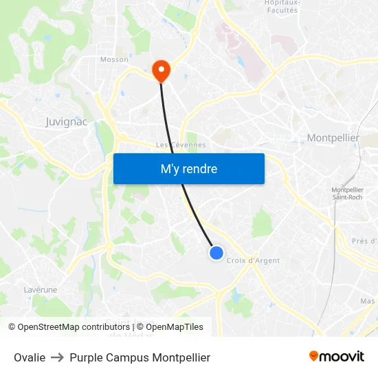 Ovalie to Purple Campus Montpellier map