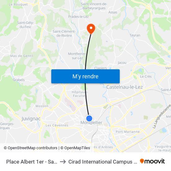 Place Albert 1er - Saint-Charles to Cirad International Campus De Baillarguet map