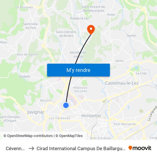 Cévennes to Cirad International Campus De Baillarguet map