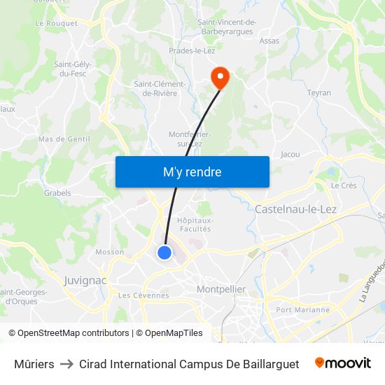 Mûriers to Cirad International Campus De Baillarguet map