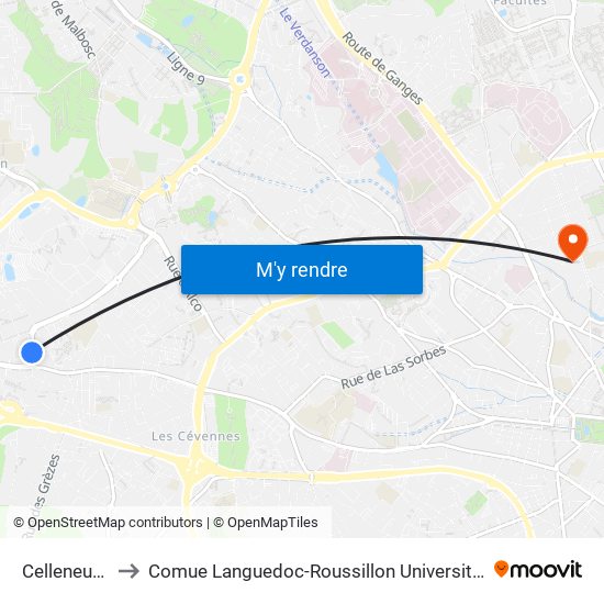 Celleneuve to Comue Languedoc-Roussillon Universités map