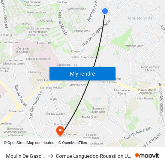 Moulin De Gasconnet to Comue Languedoc-Roussillon Universités map