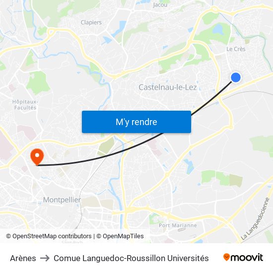 Arènes to Comue Languedoc-Roussillon Universités map