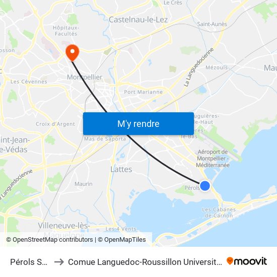 Pérols Sud to Comue Languedoc-Roussillon Universités map