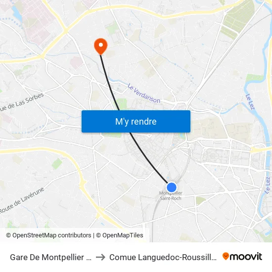 Gare De Montpellier Saint-Roch to Comue Languedoc-Roussillon Universités map