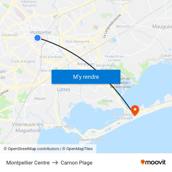Montpellier Centre to Carnon Plage map
