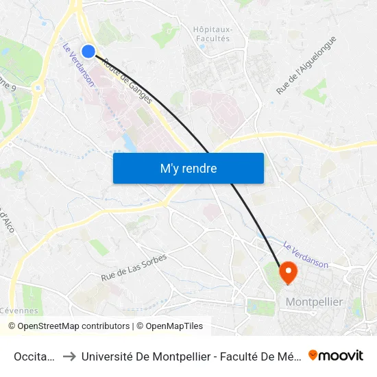 Occitanie to Université De Montpellier - Faculté De Médecine map