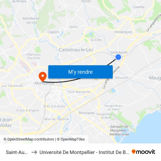 Saint-Aunès to Université De Montpellier - Institut De Biologie map