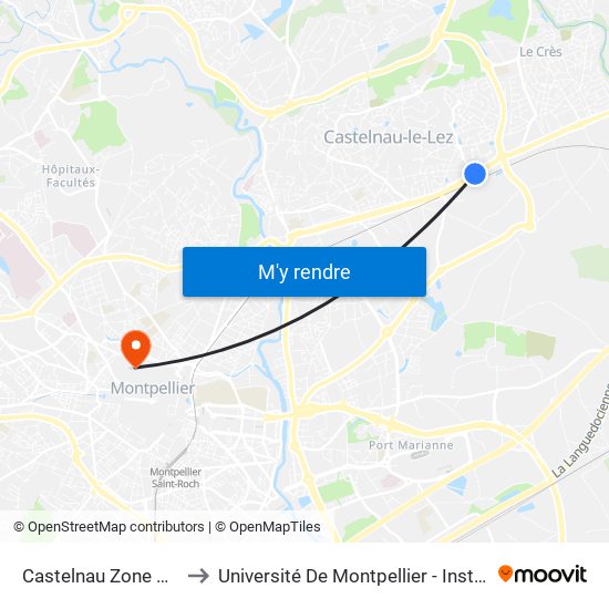 Castelnau Zone D'Activités to Université De Montpellier - Institut De Biologie map