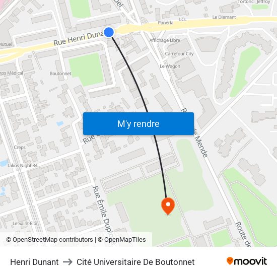 Henri Dunant to Cité Universitaire De Boutonnet map