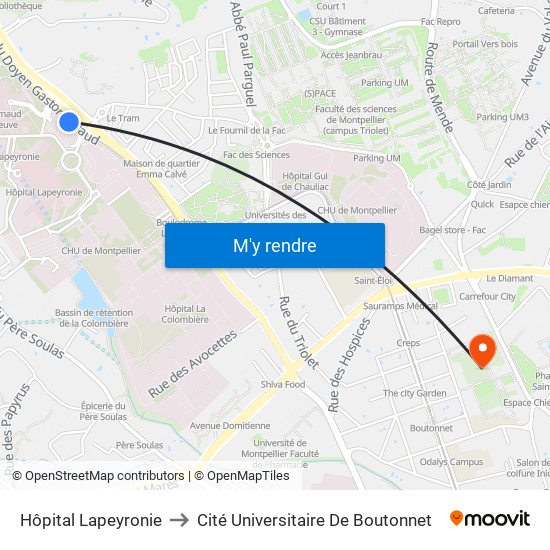Hôpital Lapeyronie to Cité Universitaire De Boutonnet map