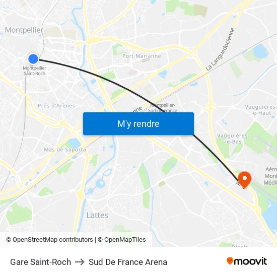 Gare Saint-Roch to Sud De France Arena map