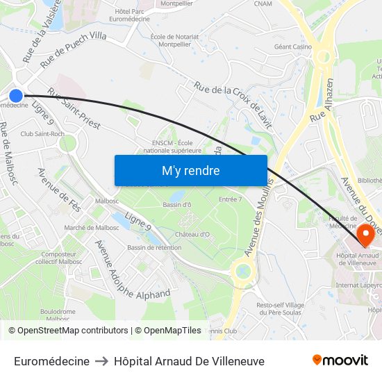Euromédecine to Hôpital Arnaud De Villeneuve map