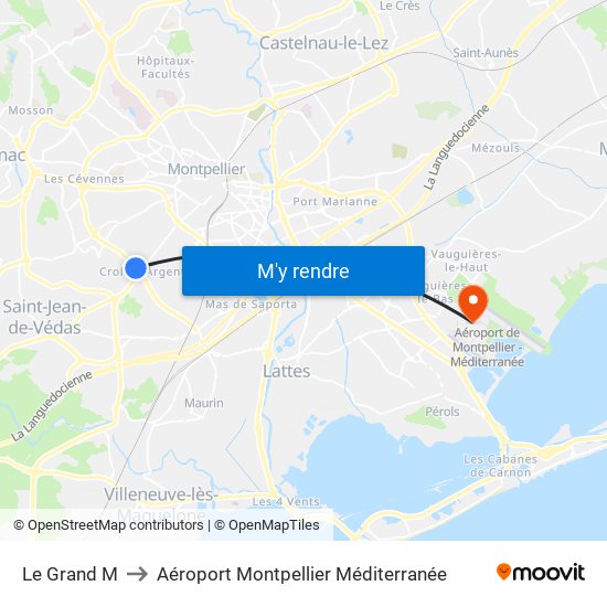 Le Grand M to Aéroport Montpellier Méditerranée map