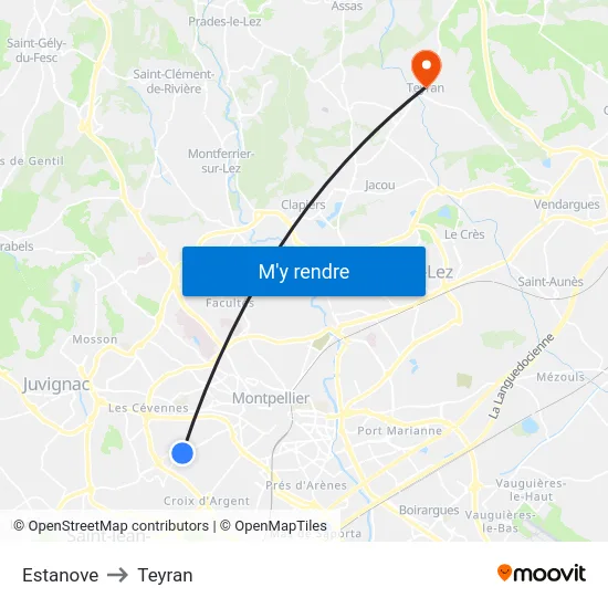 Estanove to Teyran map