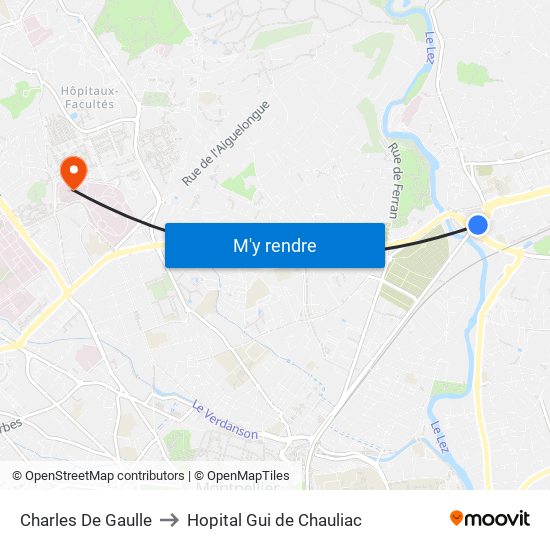 Charles De Gaulle to Hopital Gui de Chauliac map