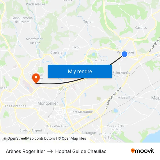 Arènes Roger Itier to Hopital Gui de Chauliac map