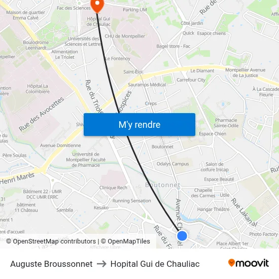 Auguste Broussonnet to Hopital Gui de Chauliac map