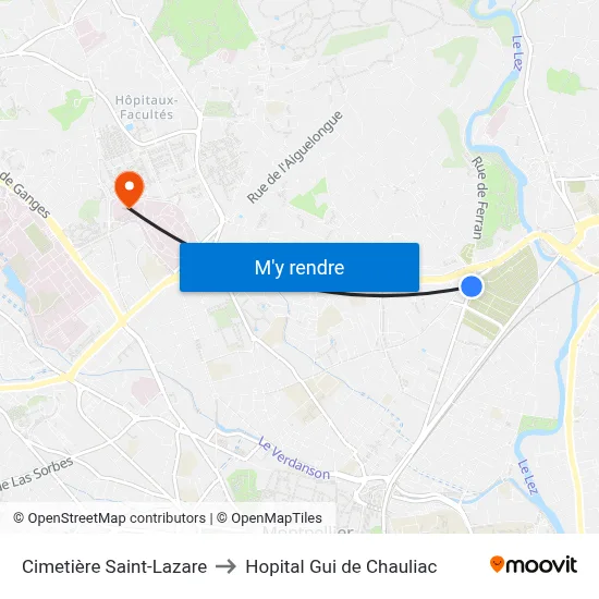 Cimetière Saint-Lazare to Hopital Gui de Chauliac map