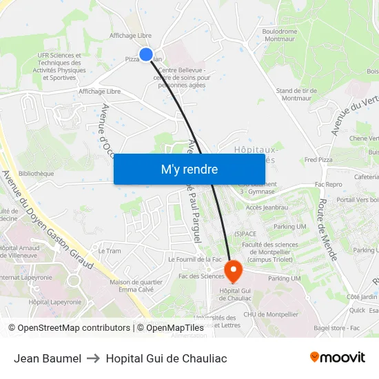 Jean Baumel to Hopital Gui de Chauliac map