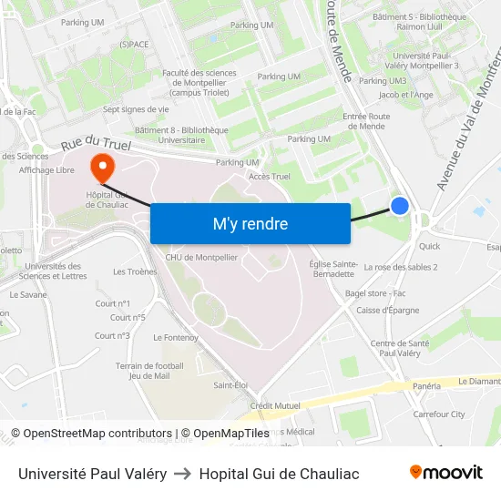 Université Paul Valéry to Hopital Gui de Chauliac map