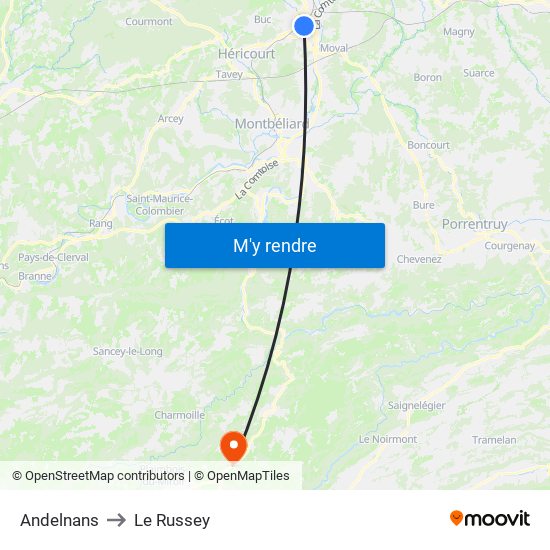 Andelnans to Le Russey map