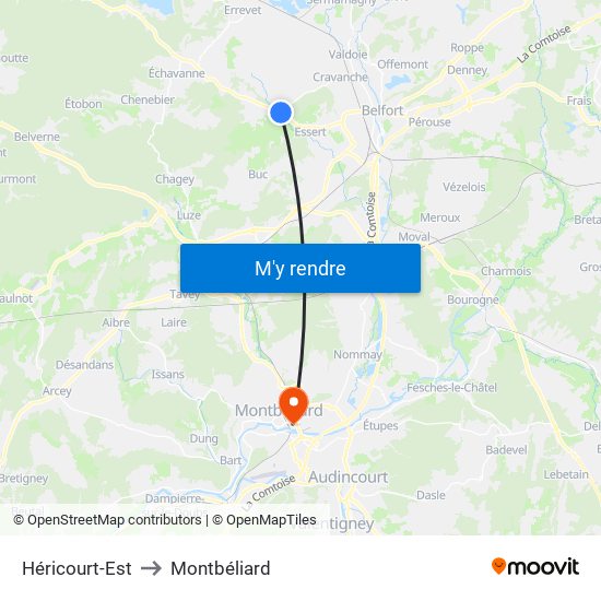 Héricourt-Est to Montbéliard map