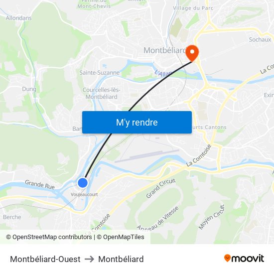 Montbéliard-Ouest to Montbéliard map