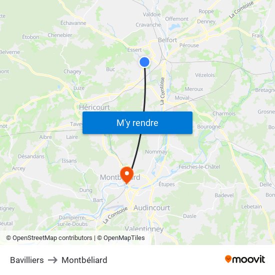 Bavilliers to Montbéliard map