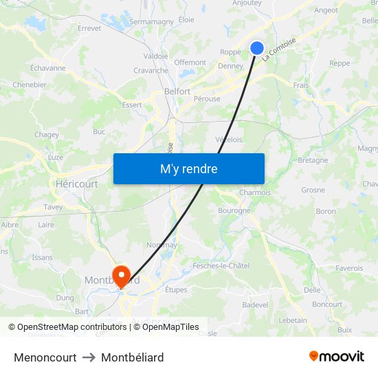 Menoncourt to Montbéliard map