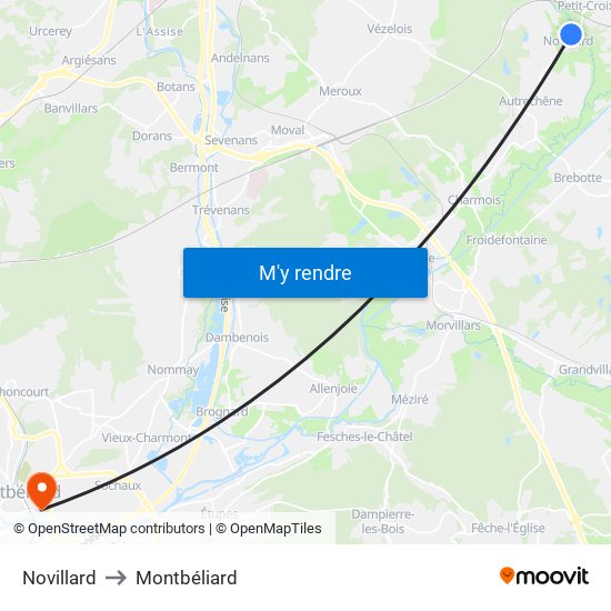 Novillard to Montbéliard map