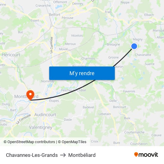 Chavannes-Les-Grands to Montbéliard map