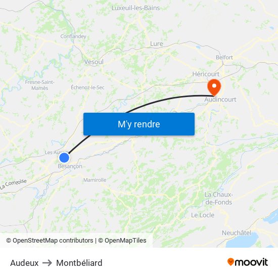 Audeux to Montbéliard map