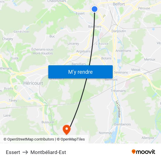 Essert to Montbéliard-Est map